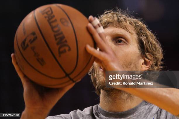 Dirk Nowitzki of the Dallas Mavericks shoots a free throw before Game Six of the 2011 NBA Finals against the Miami Heat at American Airlines Arena on...