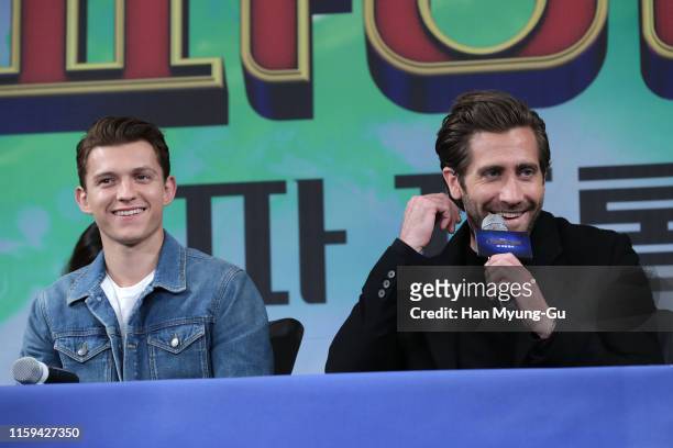 Actors Tom Holland and Jake Gyllenhaal attend the press conference for 'Spider-Man: Far From Home' Seoul premiere on July 01, 2019 in Seoul, South...
