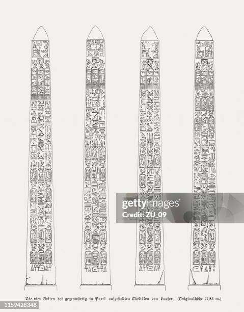 luxor-obelisk in paris, france, wood engraving, published in 1879 - ancient egyptian culture stock illustrations