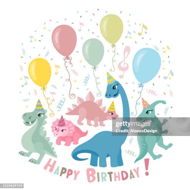 illustrazioni stock, clip art, cartoni animati e icone di tendenza di biglietto d'invito per feste di dinosauro - primo compleanno