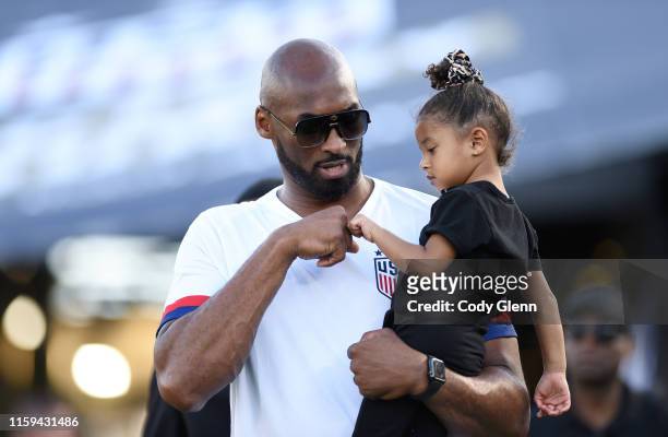 August 2019; Retired NBA star Kobe Bryant and daughter Bianka Bella prior to the Women's International Friendly match between USA and Republic of...
