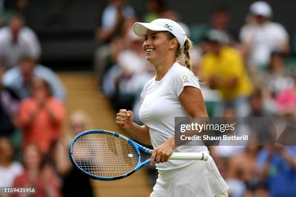 Yulia Putintseva of Kazakhstan celebrates match point in her Ladies' Singles first round match against Naomi Osaka of Japan during Day one of The...