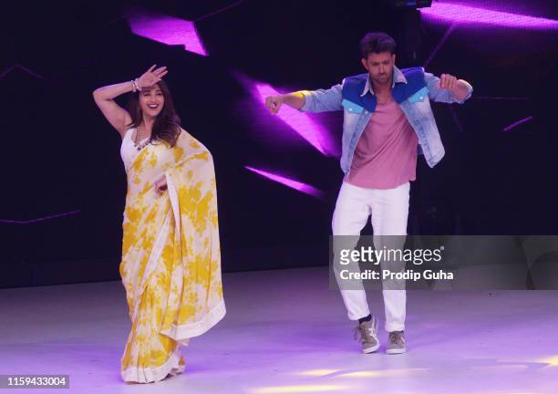 July 1: Indian actor Hrithik Roshan and Madhuri Dixit during the reality TV show "Dance Dewane" on July 1, 2019 in Mumbai, India.