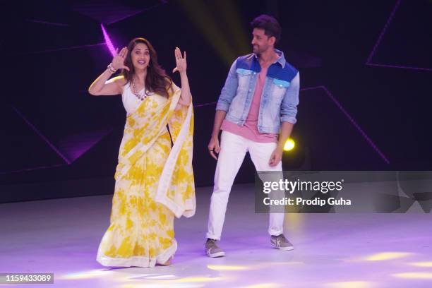 July 1: Indian actor Hrithik Roshan and Madhuri Dixit during the reality TV show "Dance Dewane" on July 1, 2019 in Mumbai, India.