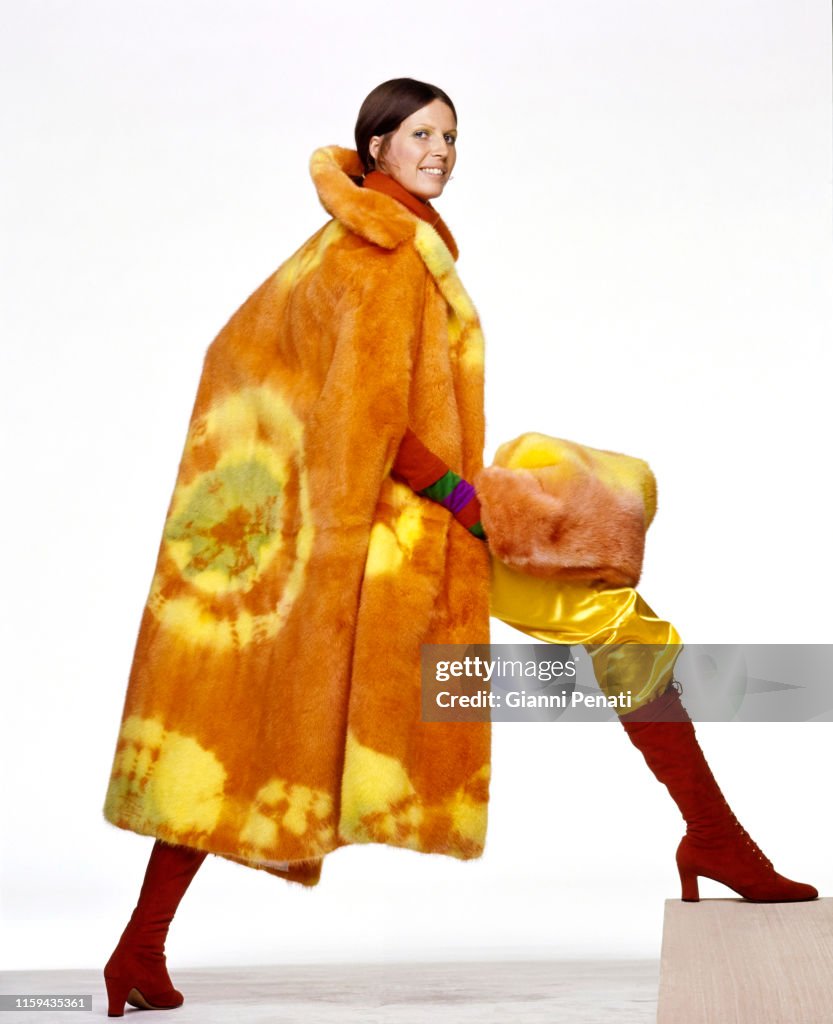 Model in Tie-Dyed Mink Coat, Vogue, August 1970