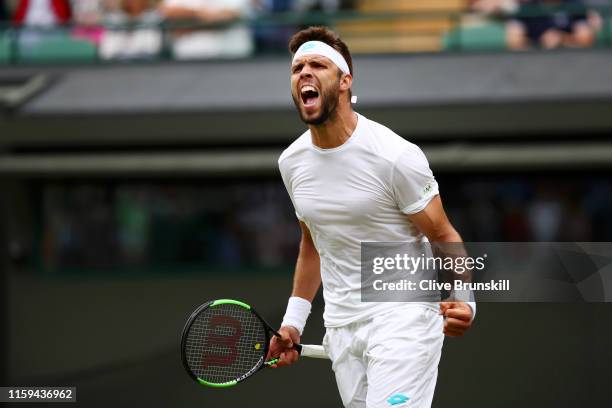 Jiri Vesely of Czech Republic celebrates match point in his Men's Singles first round match against Alexander Zverev of Germany during Day one of The...