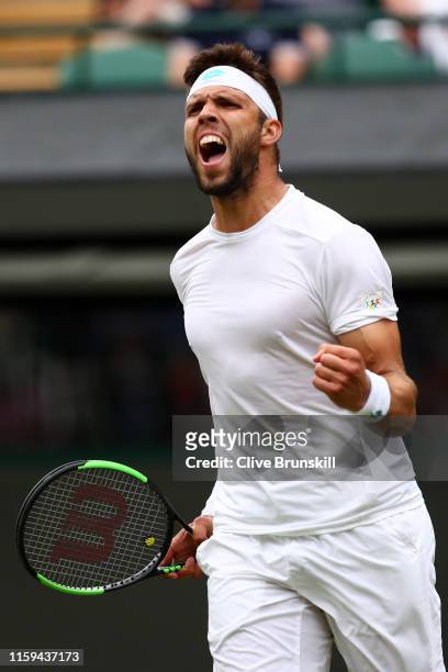 Jiri Vesely of Czech Republic celebrates match point in his Men's Singles first round match against Alexander Zverev of Germany during Day one of The...