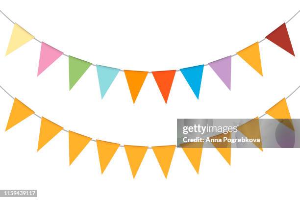 pennant banner garland, vector illustration. hanging multicolor triangle flags. colorful festival party bunting - white background stock illustrations