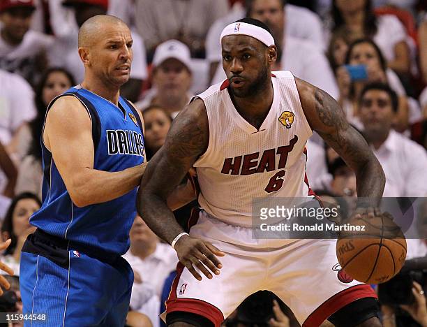 LeBron James of the Miami Heat posts up Jason Kidd of the Dallas Mavericks in the first quarter in Game Six of the 2011 NBA Finals at American...