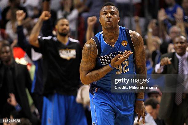 DeShawn Stevenson of the Dallas Mavericks celebrates after he made a 3-point shot in the first half against the Dallas Mavericks in Game Six of the...