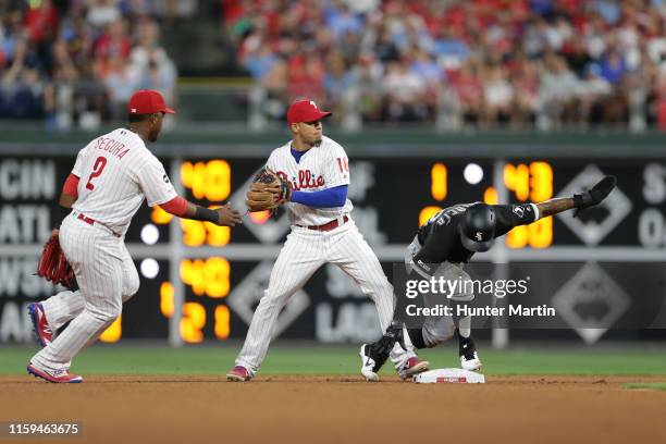 Cesar Hernandez of the Philadelphia Phillies attempts to turn a double play in the fourth inning during a game against the Chicago White Sox at...