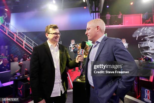 Jamie "Dirk" Diaz Ruiz speaks with NBA 2K League Managing Director, Brendan Donahue after Game Five of the NBA 2K League Finals on August 3, 2019 at...