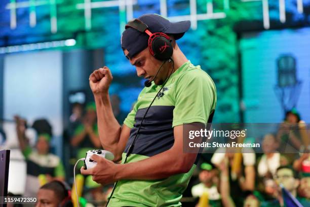 BearDaBeast of T-Wolves Gaming reacts to a play in a game against 76ers Gaming Club during Game Five of the NBA 2K League Finals on August 3, 2019 at...