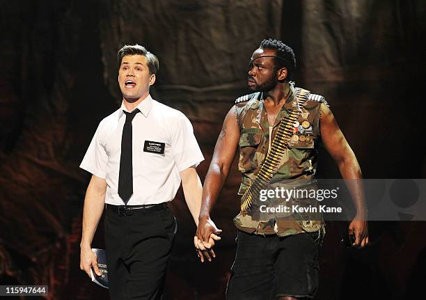 Andrew Rannells and the cast of 'The Book of Mormon' performs on stage on stage during the 65th Annual Tony Awards at the Beacon Theatre on June 12,...