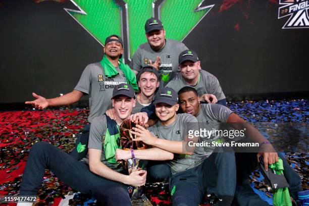 Wolves Gaming pose for a group photo after Game Five of the NBA 2K League Finals on August 3, 2019 at the NBA 2K Studio in Long Island City, New...