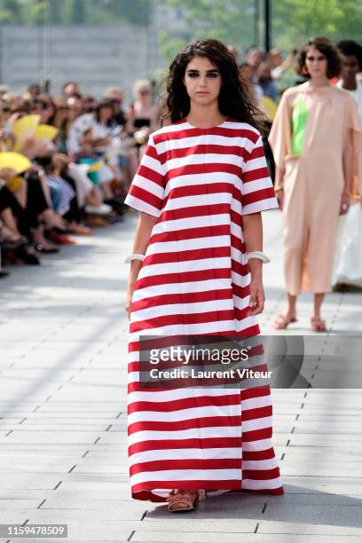 Model walks the runway during the Maison Rabih Kayrouz Haute Couture Fall/Winter 2019 2020 show as part of Paris Fashion Week on July 01, 2019 in...