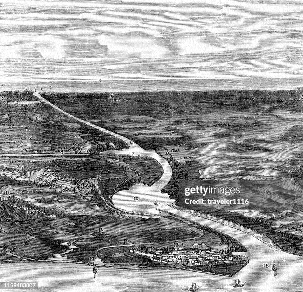 suez canal 1873 - old map of middle east stock illustrations