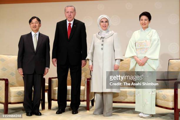Turkish President Recep Tayyip Erdogan and his wife Emine , Emperor Naruhito and Empress Masako pose for photographs prior to their meeting at the...