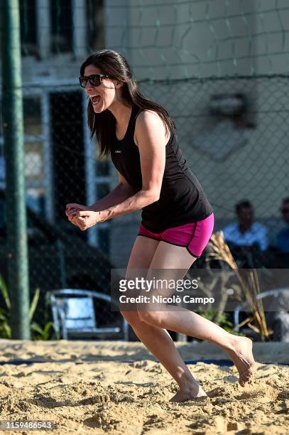 Chiara Appendino, mayor of Turin, celebrates during a beach volleyball match of European Masters Games Turin 2019. The European Masters Games is a...