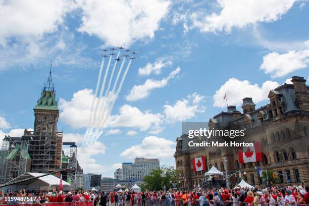 The Royal Canadian Air Force Snowbirds and a CF-18 perform a flyby during Canada Day ceremonies at Parliament Hill on July 01, 2019 in Ottawa, Canada.