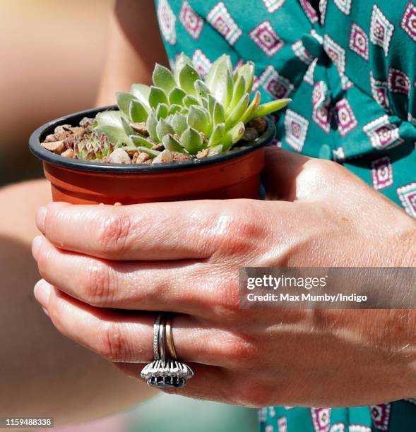 Catherine, Duchess of Cambridge holds a potted succulent plant she received during a visit to the RHS Hampton Court Palace Garden Festival where she...