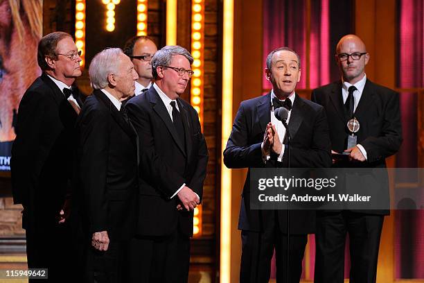 Winners of Best Play Niholas Hytner and Nick Stafford speak on stage during the 65th Annual Tony Awards at the Beacon Theatre on June 12, 2011 in New...