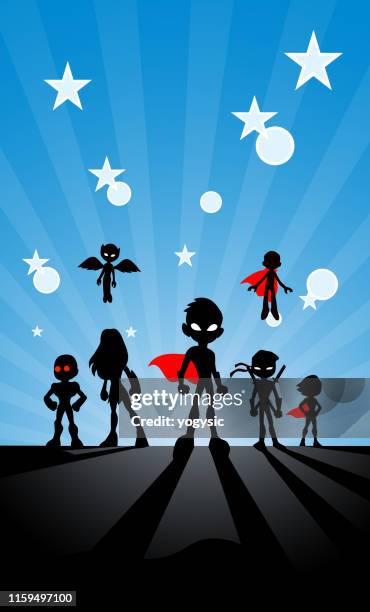 vector kids superhero team silhouette with sunburst effect background - ninja kid stock illustrations