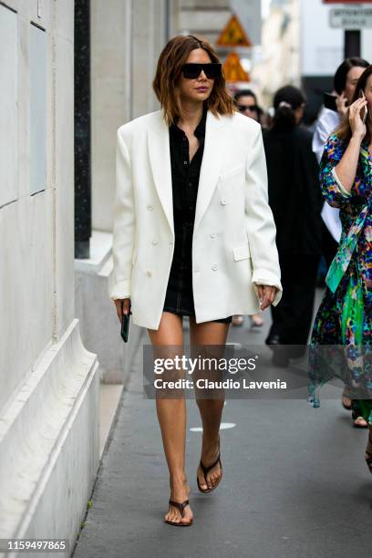 Christine Centenera is seen outside Schiaparelli show during Paris Fashion Week - Haute Couture Fall Winter 2019 - 2020 on July 01, 2019 in Paris,...