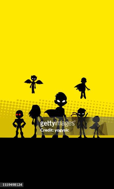 vektor kinder superhelden team silhouette mit halben ton muster - ninja kid stock-grafiken, -clipart, -cartoons und -symbole
