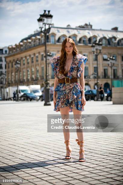 Larsen Thompson is seen outside Dondup show during Paris Fashion Week - Haute Couture Fall Winter 2019 - 2020 on July 01, 2019 in Paris, France.
