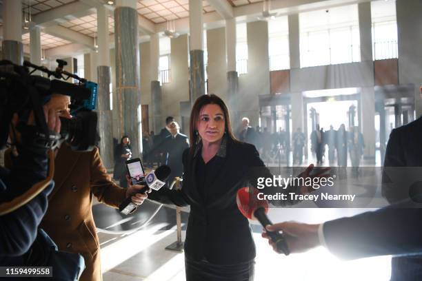 Returning Tasmanian senator Jacqui Lambie talks to the press in the Marble Hall at Parliament House on July 02, 2019 in Canberra, Australia. Scott...