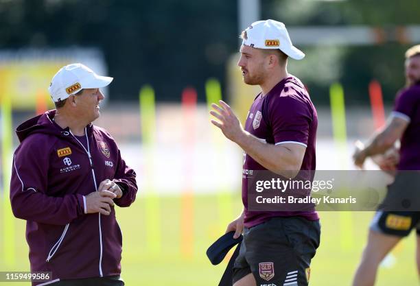 Cameron Munster talks tactics with Coach Kevin Walters during a Queensland Maroons State of Origin training session at Langlands Park on July 02,...