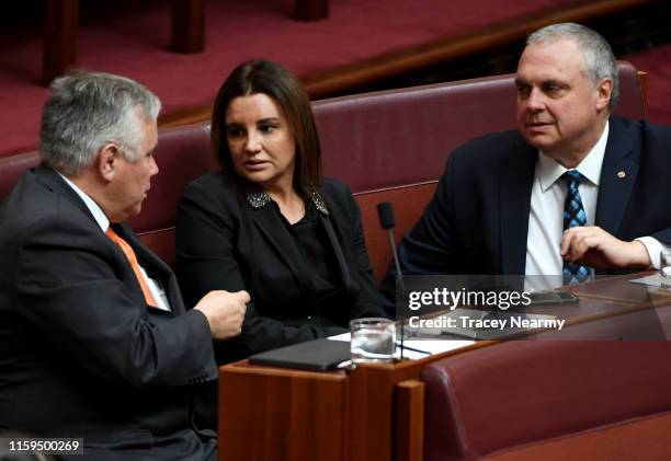 Tasmanian senator Jacqui Lambie sits in the Senate at Parliament House on July 02, 2019 in Canberra, Australia. Scott Morrison announced his new...