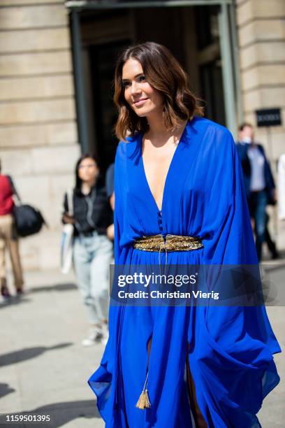 Mandy Moore is seen wearing blue dress outside Dundas during Paris Fashion Week - Haute Couture Fall/Winter 2019/2020 on July 01, 2019 in Paris,...