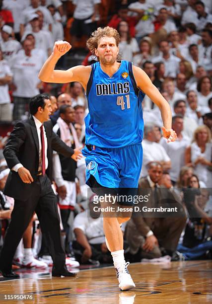 Dirk Nowitzki of the Dallas Mavericks celebrates during a game against the Miami Heat during Game Six of the 2011 NBA Finals on June 12, 2011 at the...