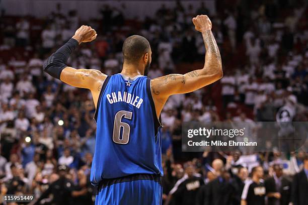 Tyson Chandler of the Dallas Mavericks celebrates after the Mavricks won 105-95 against the Miami Heat in Game Six of the 2011 NBA Finals at American...