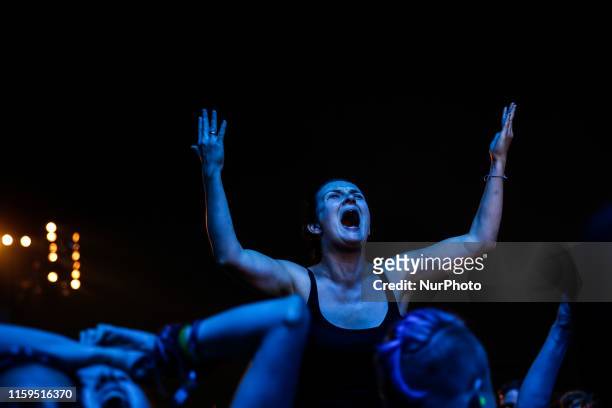 Crowds dance during Skunk Anansie concert on a main stage of the 25th PolnRock music festival in Kostrzyn at Odra, Poland on August 3, 2019. Over 750...