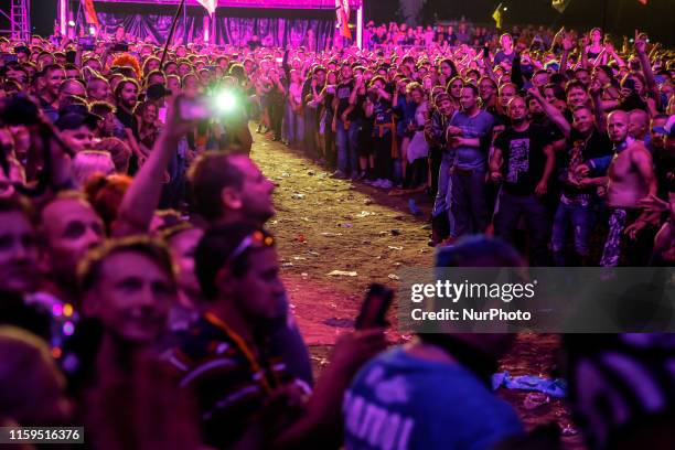 Crowds dance during Skunk Anansie concert on a main stage of the 25th PolnRock music festival in Kostrzyn at Odra, Poland on August 3, 2019. Over 750...