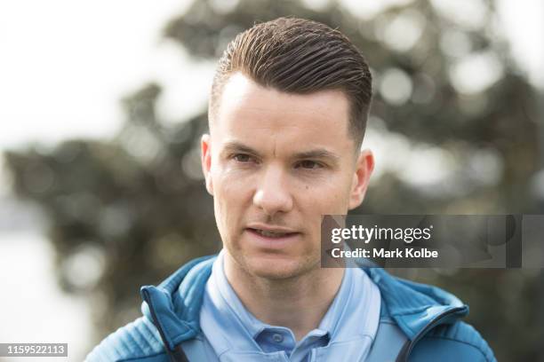 Alex Baumjohann speaks to the media during a Sydney FC A-League media opportunity to announce his signing at the Sydney Opera House on July 02, 2019...