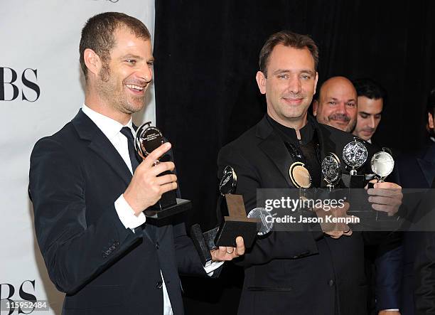 Winners of Best Musical Matt Stone and Trey Parker attend the press room during the 65th Annual Tony Awards at the The Jewish Community Center in...