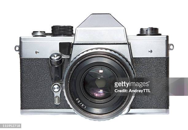 vintage slr film camera isolated on white - master of early colour photography stock pictures, royalty-free photos & images