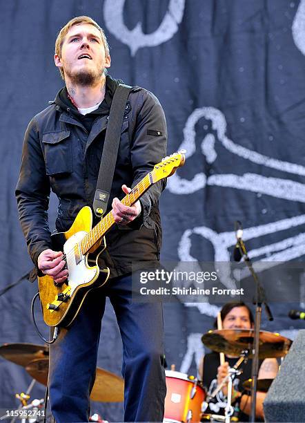 Brian Fallon and Benny Horowitz of The Gaslight Anthem perform on day three of the Download Festival at Donington Park on June 12, 2011 in Castle...