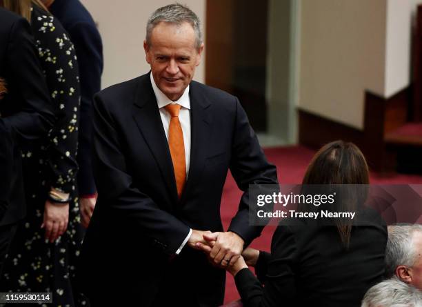 Former Opposition Leader Bill Shorten is greeted by Senator Jacqui Lambie as he walks into the Senate at Parliament House on July 02, 2019 in...