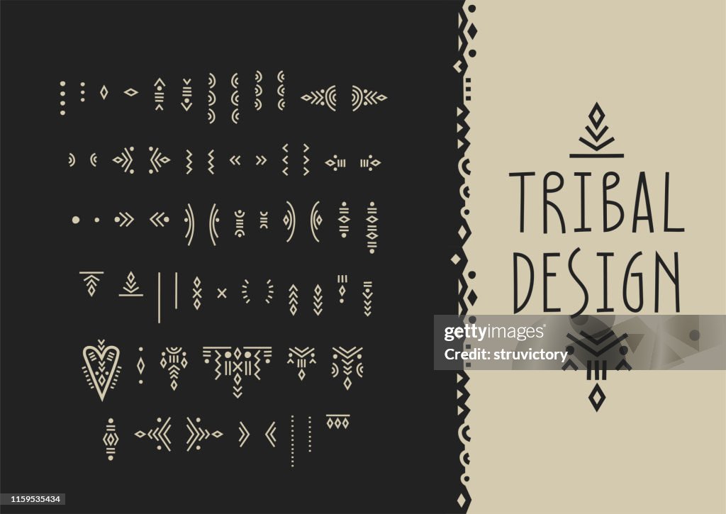 Vector set of line art symbols for logo design and lettering in boho style.