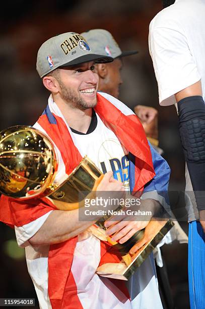Jose Juan Barea of the Dallas Mavericks celebrates following Game Six of the 2011 NBA Finals on June 12, 2011 at the American Airlines Arena in...