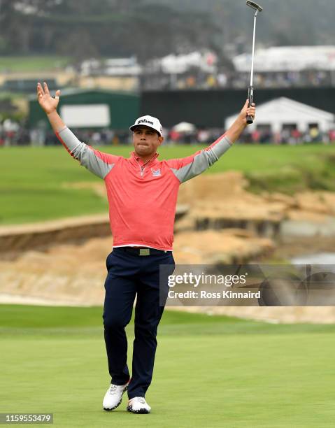 Gary Woodland of the United States celebrates on the 18th green after winning the 2019 U.S. Open at Pebble Beach Golf Links on June 16, 2019 in...