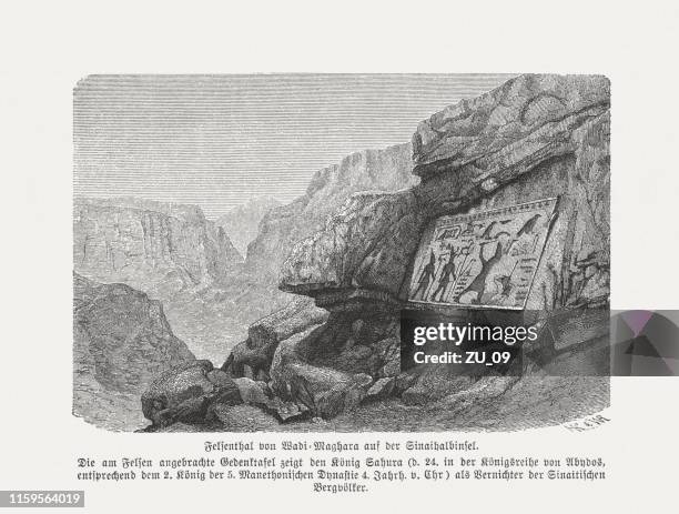 bas-relief of pharaoh sahure, wadi maghareh, sinai peninsula, published 1879 - ancient egyptian culture stock illustrations
