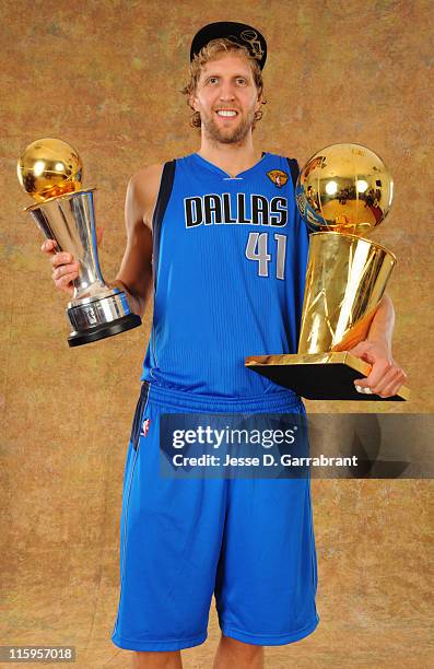 Dirk Nowitzki of the Dallas Mavericks poses for a portrait after defeating the Miami Heat during Game Six of the 2011 NBA Finals on June 12, 2011 at...