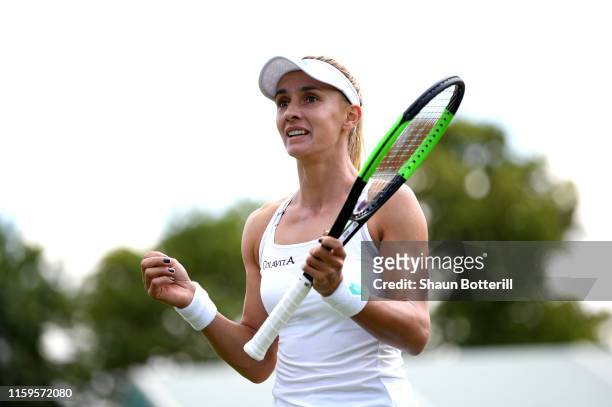 Lesia Tsurenko of Ukraine reacts in her Ladies' Singles first round match against Barbora Strycova of Czech Republic during Day two of The...