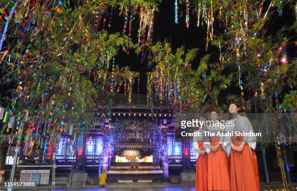 Shrine maidens prepare for the Tanabata Festival on July 1, 2019 in Hofu, Yamaguchi, Japan. Tanabata is a Japanese star festival celebrated on July 7...